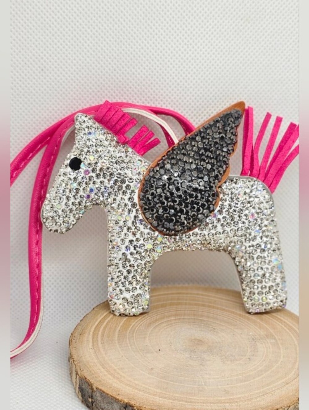 Crystal Pegasus Bag Charm with Hot Pink Fringe